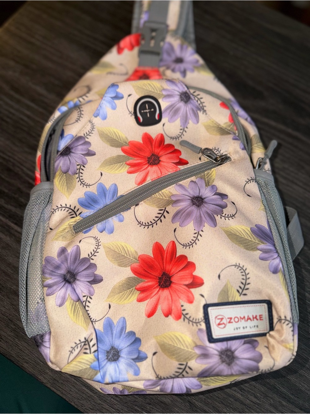 Floral Crossbody Sling Backpack - Cream with Red, Purple & Blue Flowers